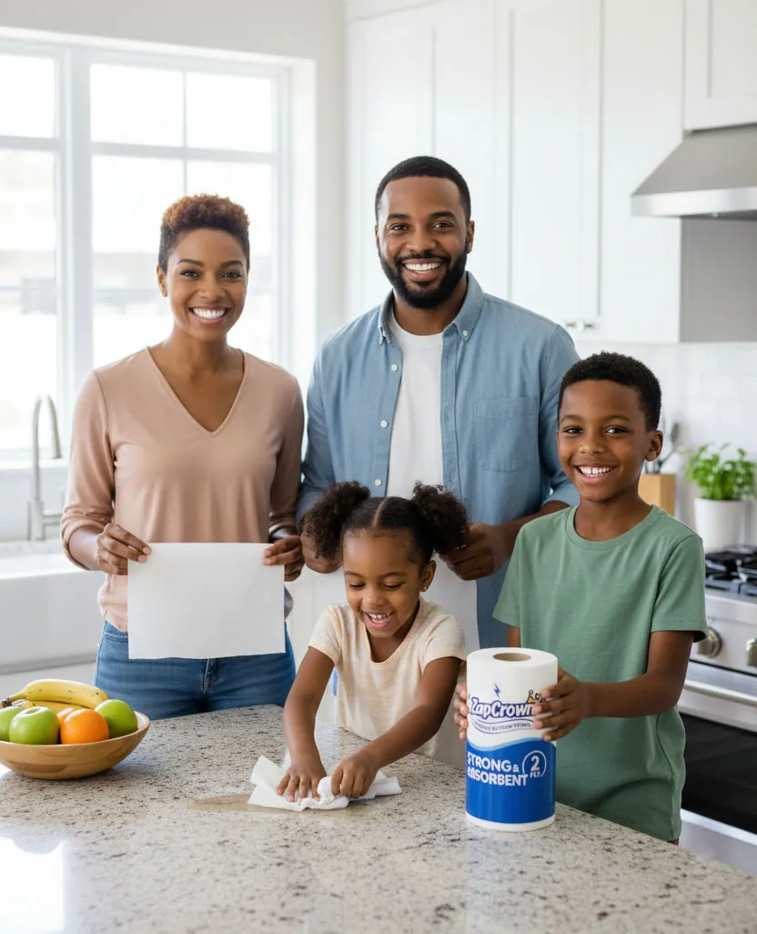 A family in their kitchen using ZapCrown kitchen towel