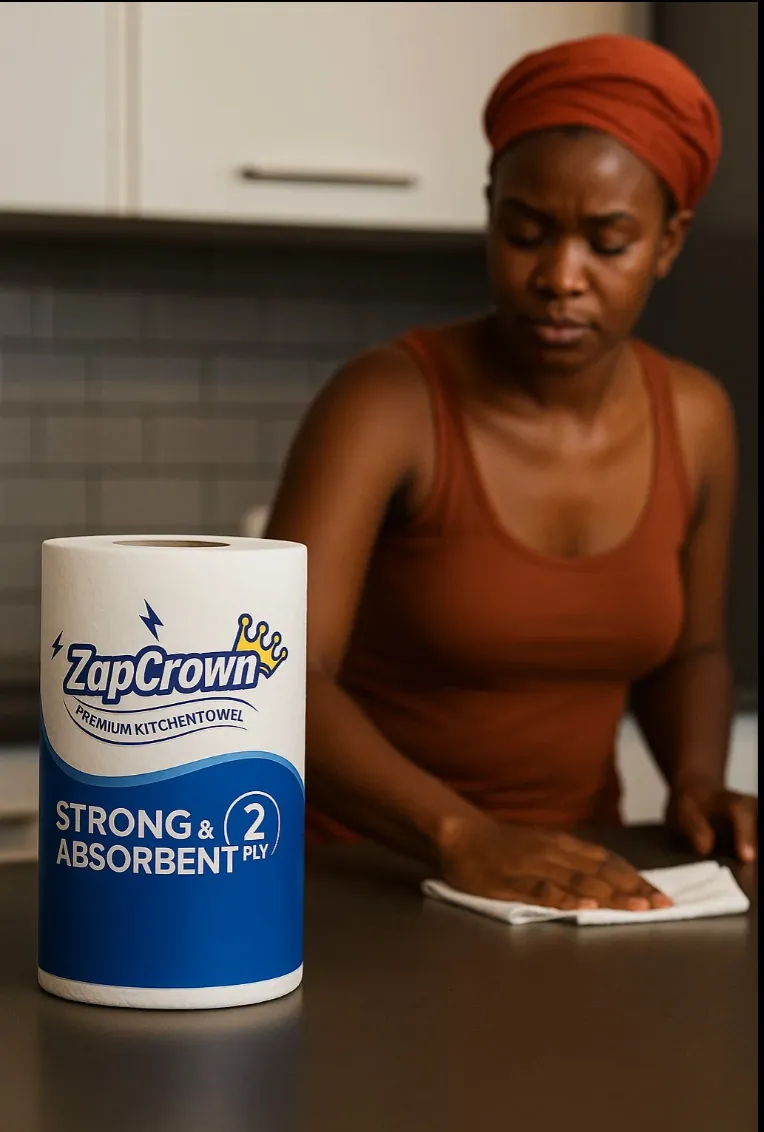 A woman cleaning a kitchen counter with ZapCrown kitchen towel