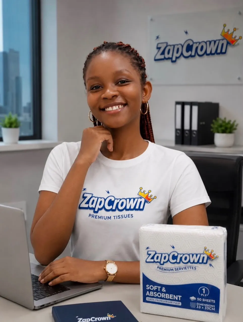An office worker at a desk with ZapCrown serviettes, ZapCrown signage on the wall