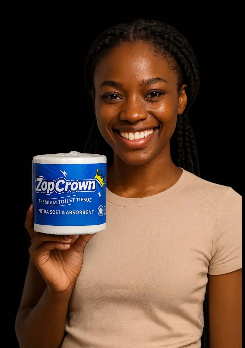 A smiling woman holding a roll of ZapCrown Premium Toilet Tissue