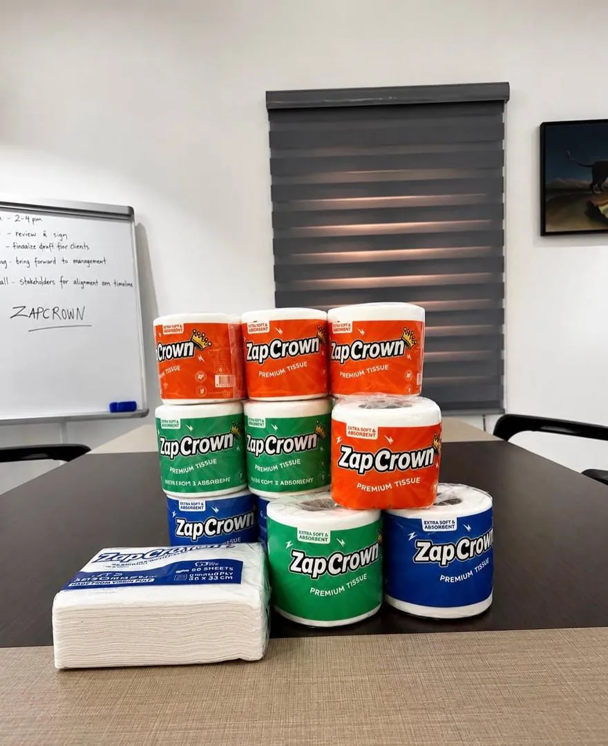 ZapCrown tissue rolls in blue, green and orange packs