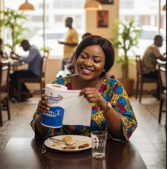 A smiling diner using ZapCrown kitchen towel at a restaurant table