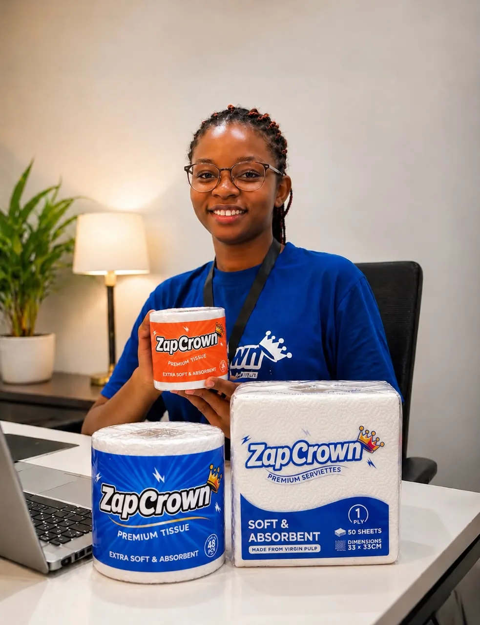 A team member holding ZapCrown toilet tissue and serviettes at her desk
