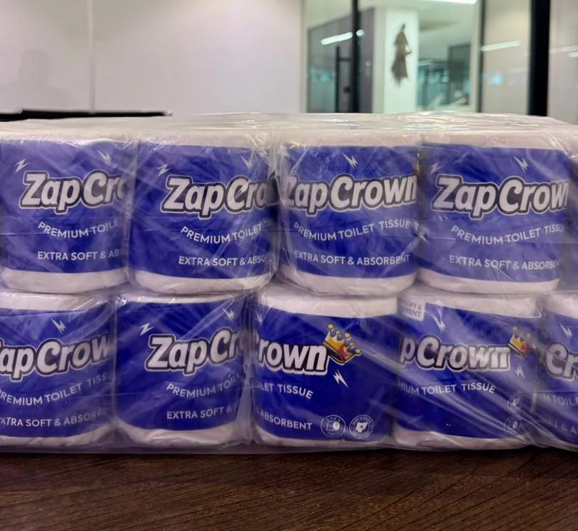 Shrink-wrapped multipacks of ZapCrown toilet tissue ready for retail